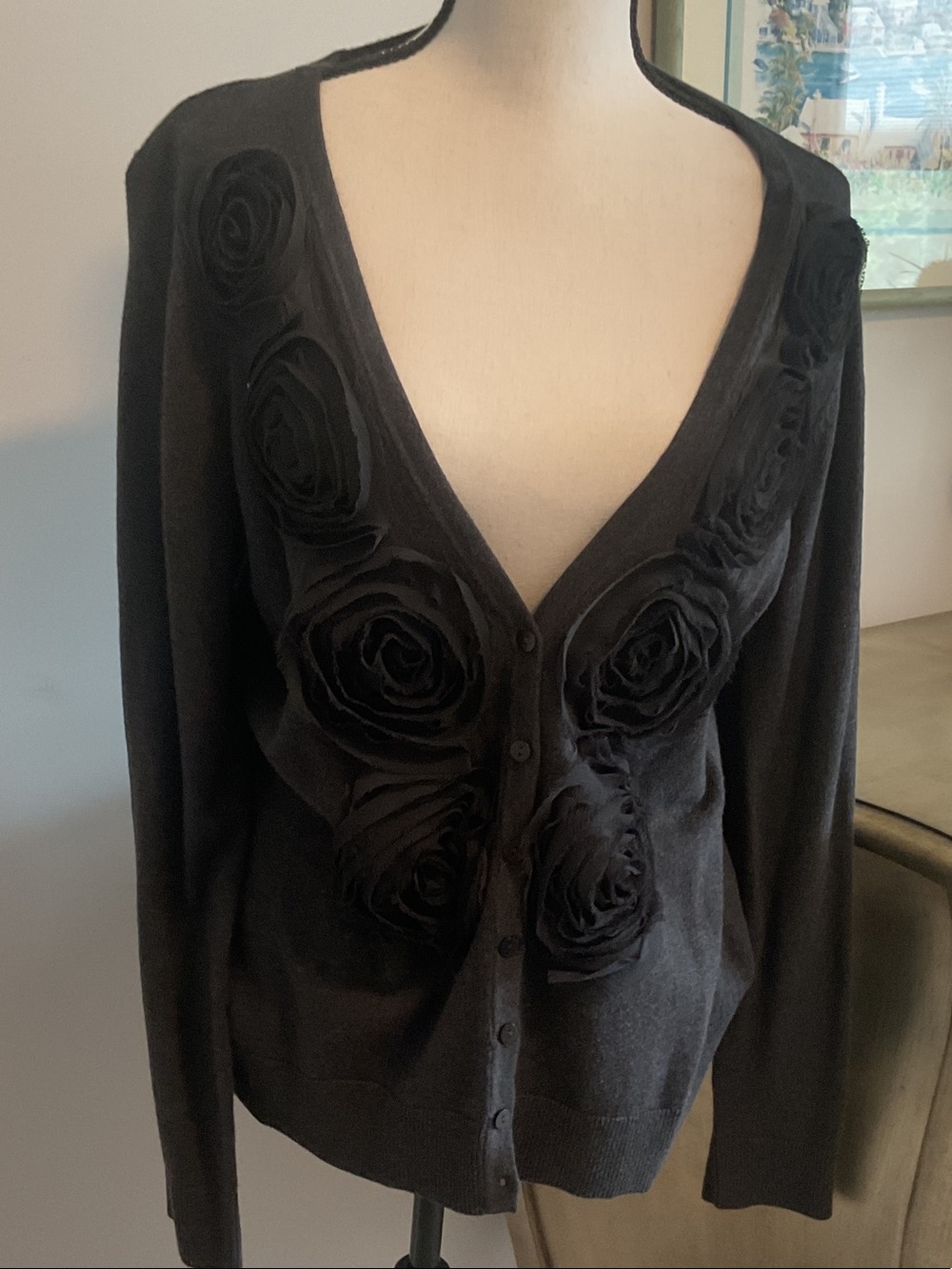 Gray Floral  Appliqué V-Neck Cardigan Sweater - Women